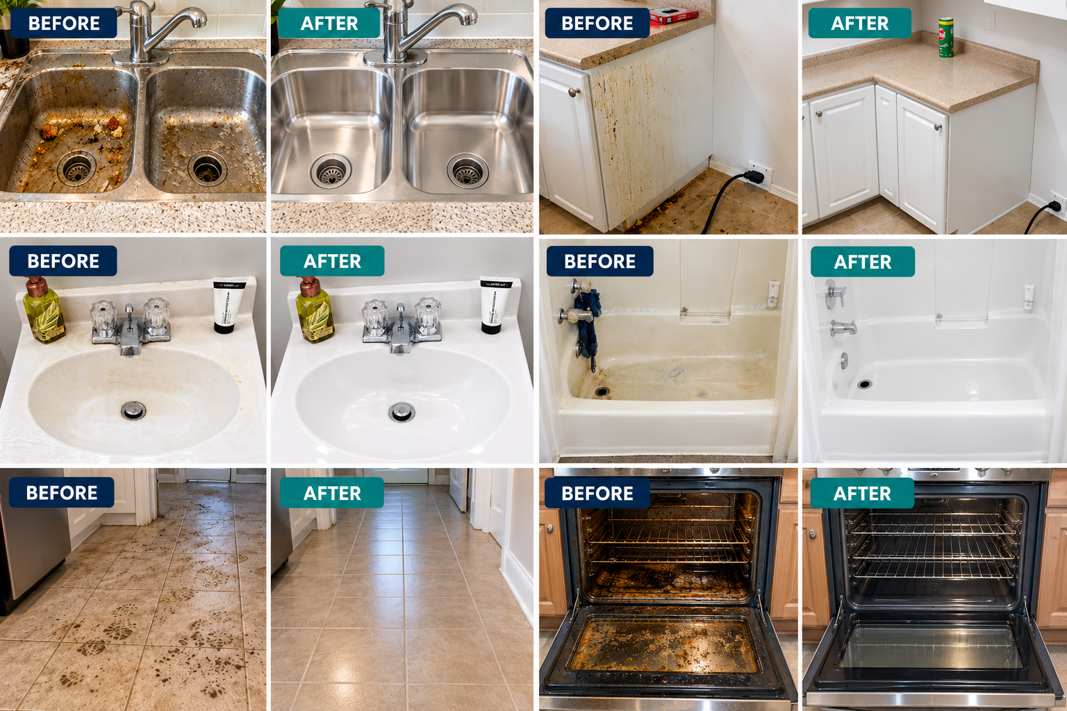 Before-and-after cleaning examples showing a kitchen sink, bathtub and tiled floor